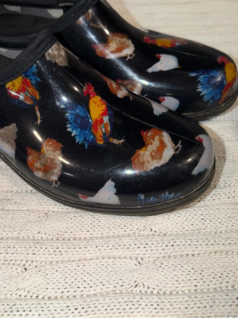 Sloggers Black Garden Clog Rain Shoes with Colorful Rooster / chicken Print